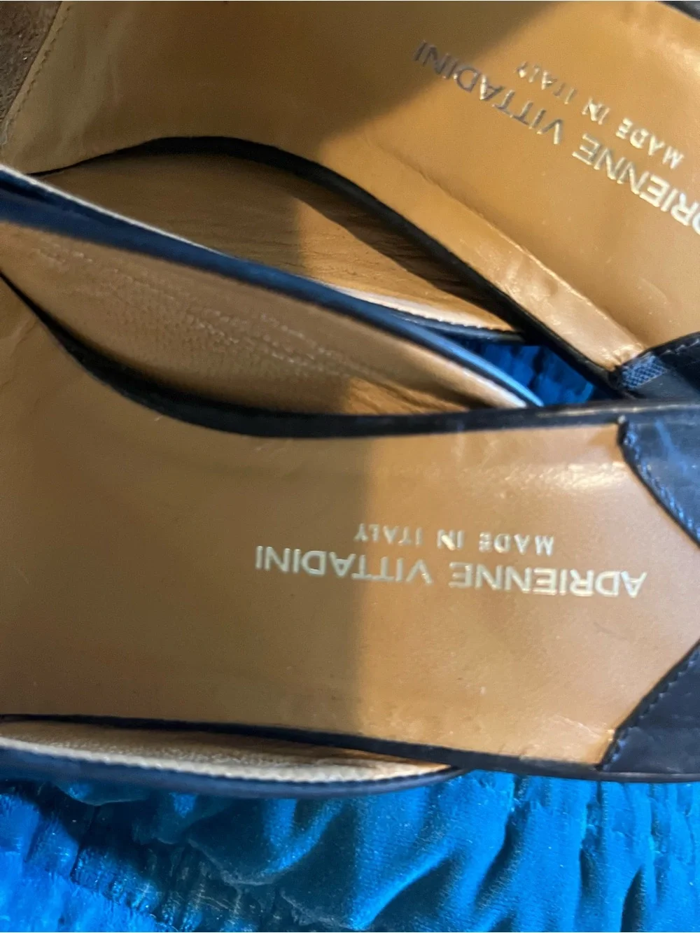 Adrienne Vittadini Black Leather Slip-On Flats with Tan Insole